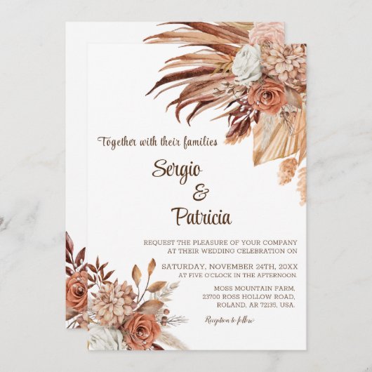 Huwelijksuitnodiging met Boho Flowers Sjabloon Kaart (Voorkant / Achterkant)