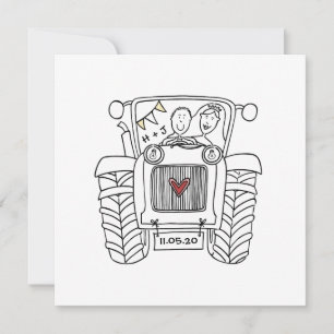 Huwelijksuitnodiging met eigen tractor op het plat kaart