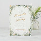 Huwelijksuitnodiging met eucalyptus- en gouden kra kaart (Staand voorkant)