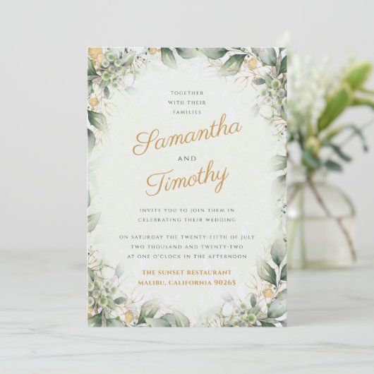 Huwelijksuitnodiging met eucalyptus- en gouden kra kaart (Staand voorkant)