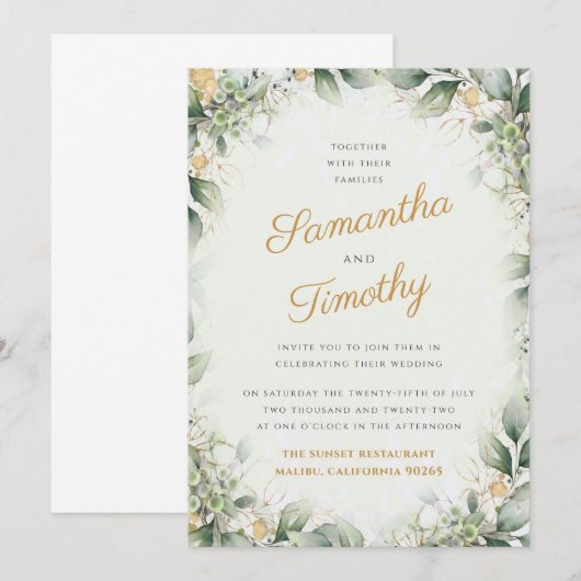 Huwelijksuitnodiging met eucalyptus- en gouden kra kaart (Voorkant / Achterkant)