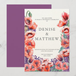 Huwelijksuitnodiging met klaproos en dahlia achter kaart