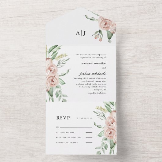 Huwelijksuitnodiging met mooie roze bloemen all in one uitnodiging (Binnen)