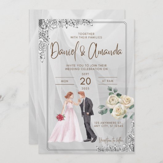 Huwelijksuitnodiging met paar afbeelding en rozen kaart (Voorkant / Achterkant)