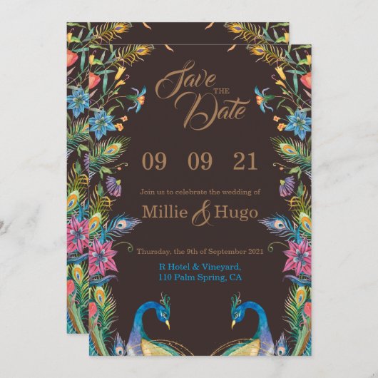 Huwelijksuitnodiging met pauw kaart (Voorkant / Achterkant)