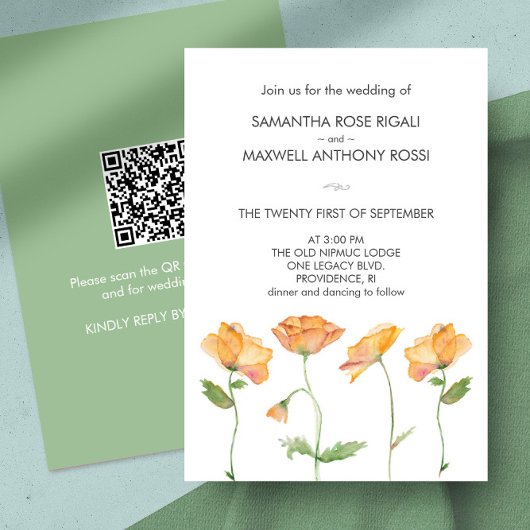 Huwelijksuitnodiging met QR Code Sinaasappel Flowe Kaart