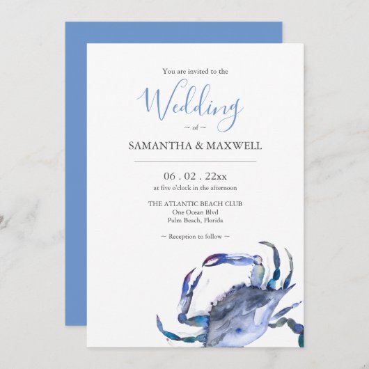 Huwelijksuitnodiging met QR Code Waterverf Krab Kaart (Voorkant / Achterkant)