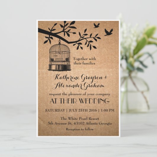 Huwelijksuitnodiging met roestbruine papieren voge kaart (Staand voorkant)