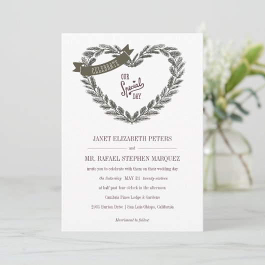 Huwelijksuitnodiging met rustieke pijnboomstructuu kaart (Staand voorkant)