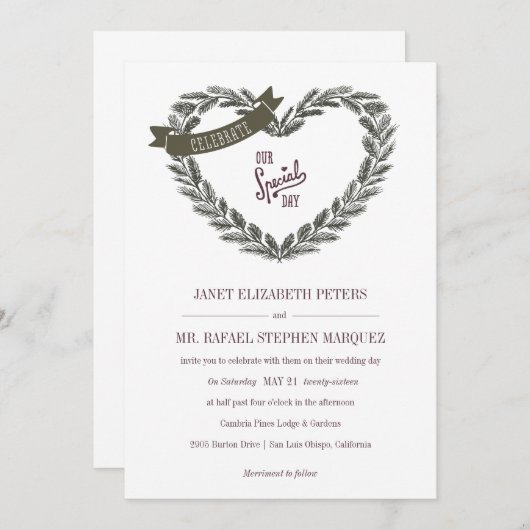 Huwelijksuitnodiging met rustieke pijnboomstructuu kaart (Voorkant / Achterkant)