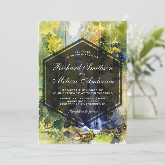 Huwelijksuitnodiging met schilderij van waterval i kaart (Staand voorkant)