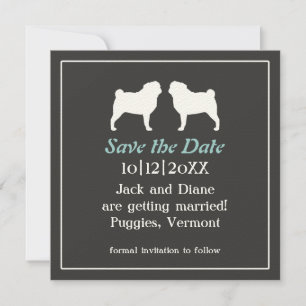 Huwelijksuitnodiging met silhouet van Pugs Save th The Date
