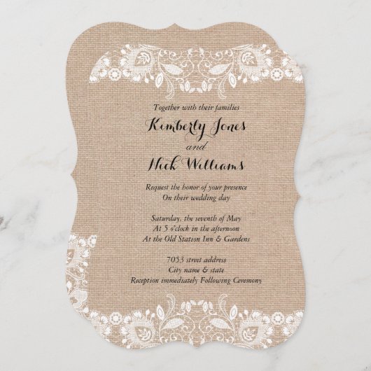 Huwelijksuitnodiging met zoete witte kant en jute kaart (Voorkant / Achterkant)