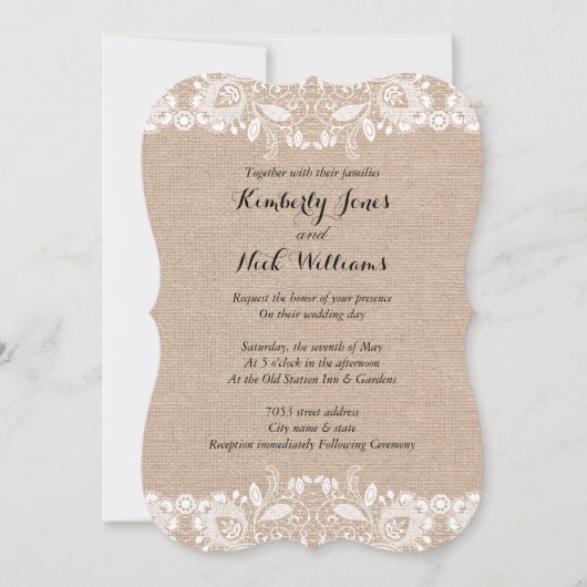 Huwelijksuitnodiging met zoete witte kant en jute kaart (Voorkant)