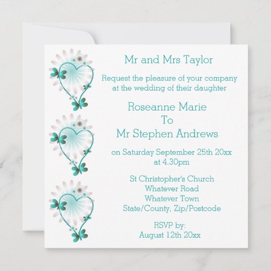 Huwelijksuitnodiging Mint Hart en Vlinders Kaart (Achterkant)