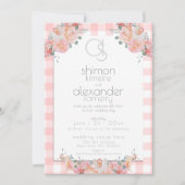 huwelijksuitnodiging | Monogram Coral Gingham Flor Kaart (Voorkant)