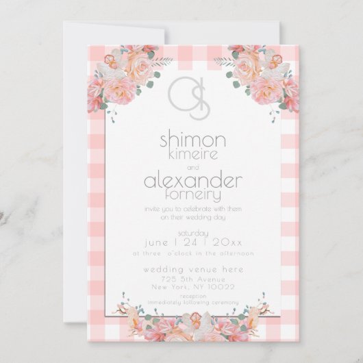 huwelijksuitnodiging | Monogram Coral Gingham Flor Kaart (Voorkant)