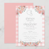 huwelijksuitnodiging | Monogram Coral Gingham Flor Kaart (Voorkant / Achterkant)