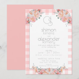 huwelijksuitnodiging | Monogram Coral Gingham Flor Kaart