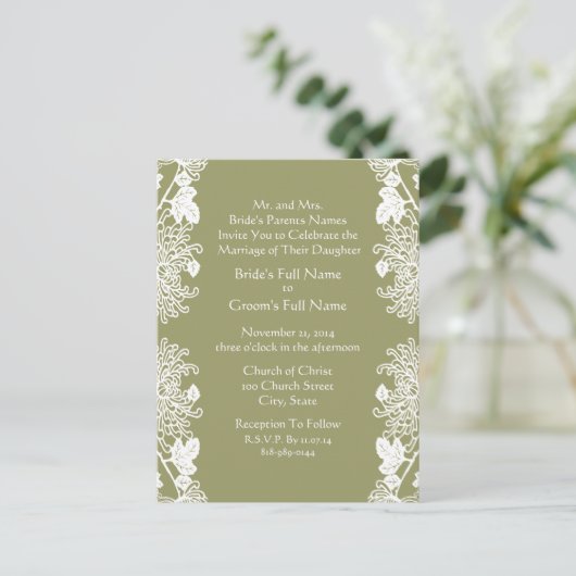 Huwelijksuitnodiging Olijfgroene Vintage Uitnodiging Briefkaart (Staand voorkant)