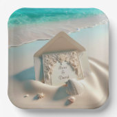 Huwelijksuitnodiging op het strand zand papieren bordje (Voorkant)