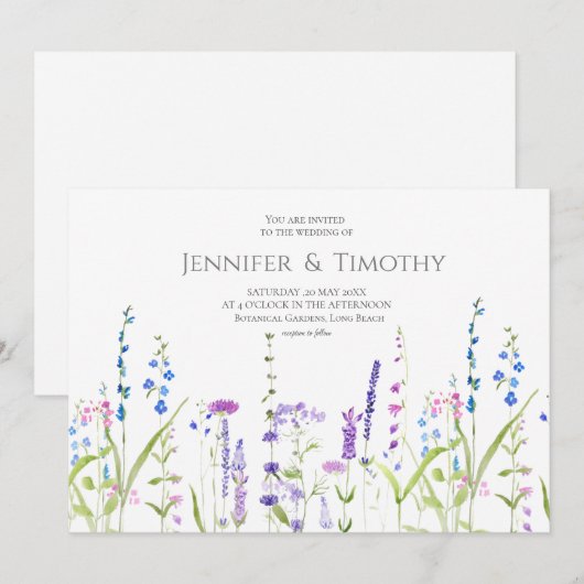 Huwelijksuitnodiging paarse blauwe wilde bloemen kaart (Voorkant / Achterkant)