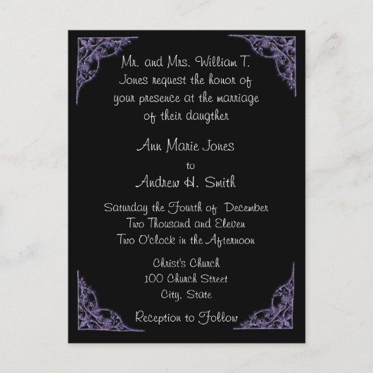 Huwelijksuitnodiging Paarse Corners Zwart Briefkaa Uitnodiging Briefkaart (Voorkant)
