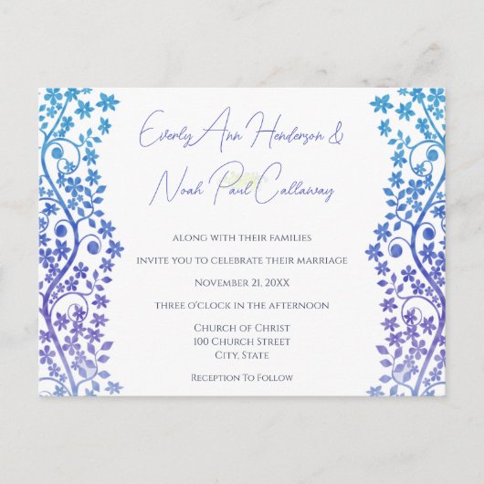 Huwelijksuitnodiging Paarse en Blauwe Bloemen Uitnodiging Briefkaart (Voorkant)