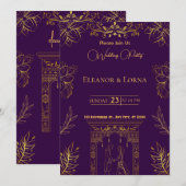 huwelijksuitnodiging | Paarse en gouden Kaart (Voorkant / Achterkant)