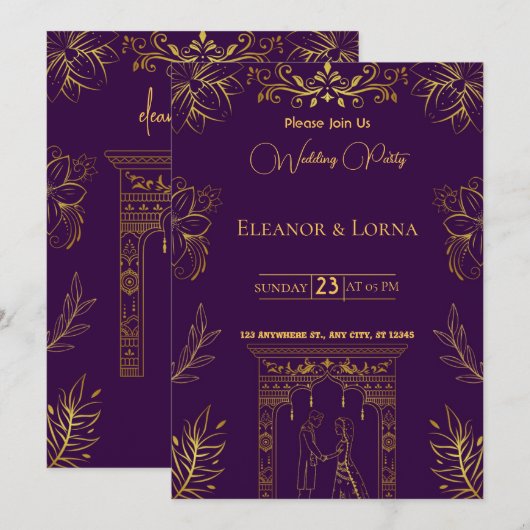huwelijksuitnodiging | Paarse en gouden Kaart (Voorkant / Achterkant)
