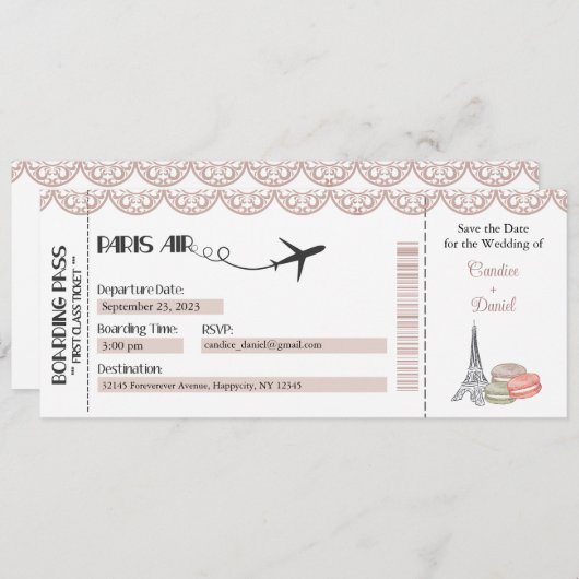 Huwelijksuitnodiging, Parijs Boarding Pass Kaart (Voorkant / Achterkant)