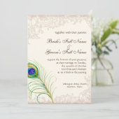 Huwelijksuitnodiging  pauwenveer geëtst kaart (Staand voorkant)