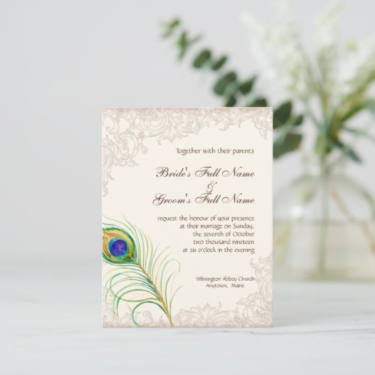 Huwelijksuitnodiging  pauwenveer geëtst kaart (Staand voorkant)