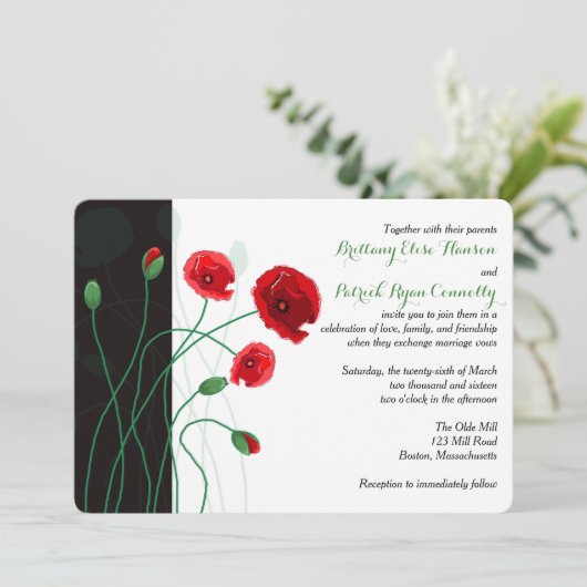 huwelijksuitnodiging | Rode klaprozen met zwart, g Kaart (Staand voorkant)