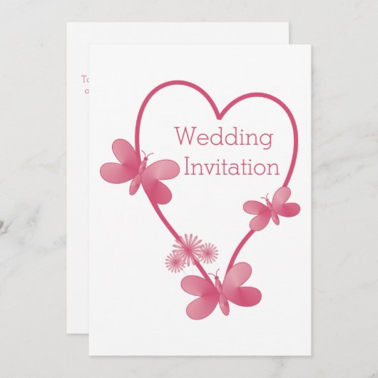 Huwelijksuitnodiging Roze Hart en Vlinders Kaart (Voorkant / Achterkant)
