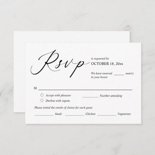 Huwelijksuitnodiging RSVP Antwoord, Maaltijd Optie Informatiekaartje (Voorkant / Achterkant)