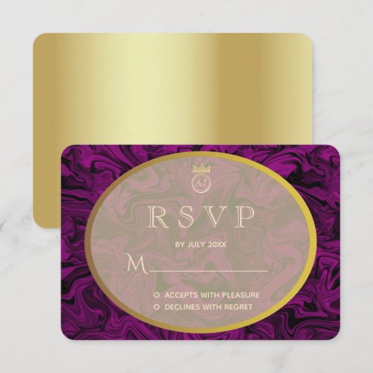 Huwelijksuitnodiging RSVP Luxe Paarse en gouden (Voorkant / Achterkant)