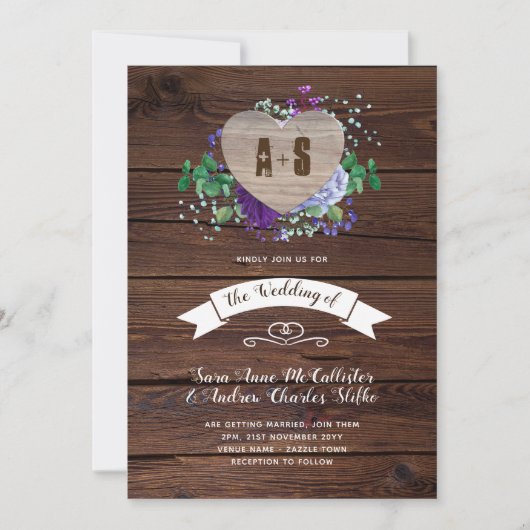 Huwelijksuitnodiging Rustic Heart Blauw SV Kaart (Voorkant)