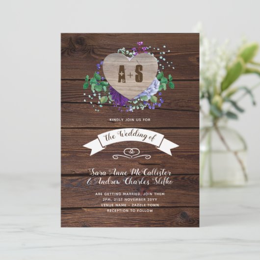 Huwelijksuitnodiging Rustic Heart Blauw SV Kaart (Staand voorkant)