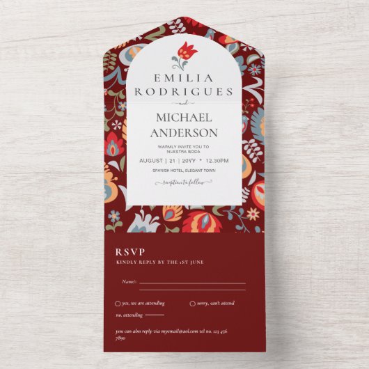 Huwelijksuitnodiging Spaans Engels Rsvp FOLKART All In One Uitnodiging (Binnen)