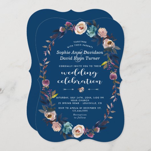 huwelijksuitnodiging | Stoffig blauw roze bloemenk Kaart (Voorkant / Achterkant)