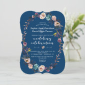 huwelijksuitnodiging | Stoffig blauw roze bloemenk Kaart (Staand voorkant)