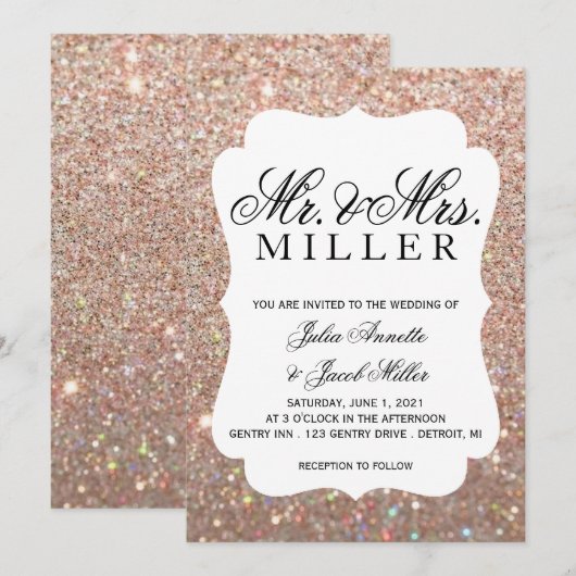 Huwelijksuitnodiging - Uw dag Roos Gold Glitter Kaart (Voorkant / Achterkant)