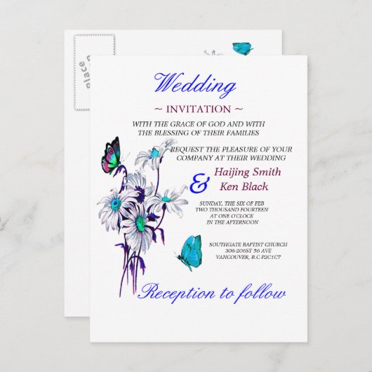 Huwelijksuitnodiging Vlinders en een blauwe madeli Uitnodiging Briefkaart (Voorkant / Achterkant)