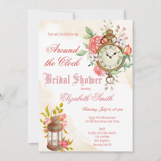 Huwelijksuitnodiging voor bruidsfeest rond de klok kaart (Voorkant)