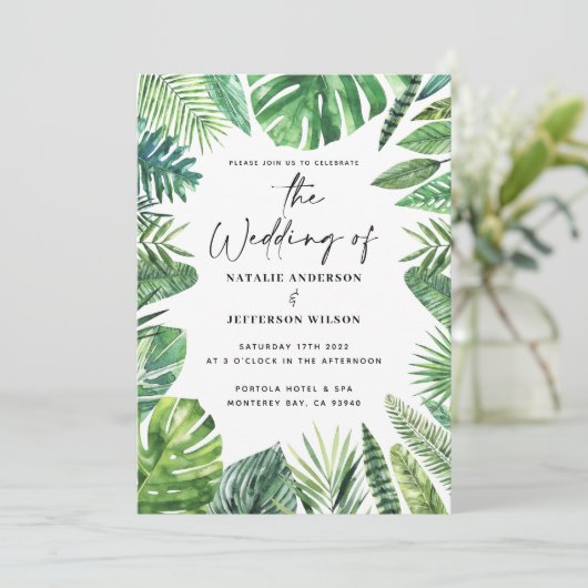 huwelijksuitnodiging voor Tropisch palmblad Save The Date (Staand voorkant)