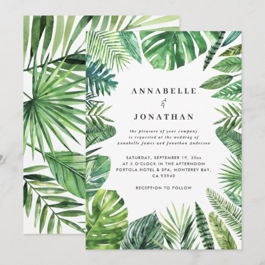 huwelijksuitnodiging voor Tropisch palmblad Save The Date (Voorkant / Achterkant)