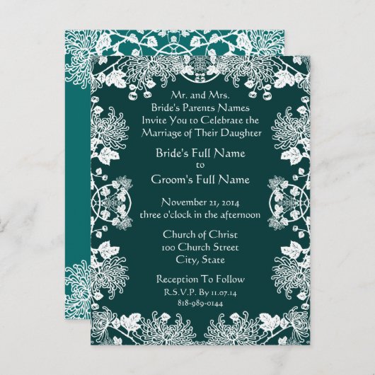 Huwelijksuitnodiging Wit op SeaBlue  Flower Uitnodiging Briefkaart (Voorkant / Achterkant)