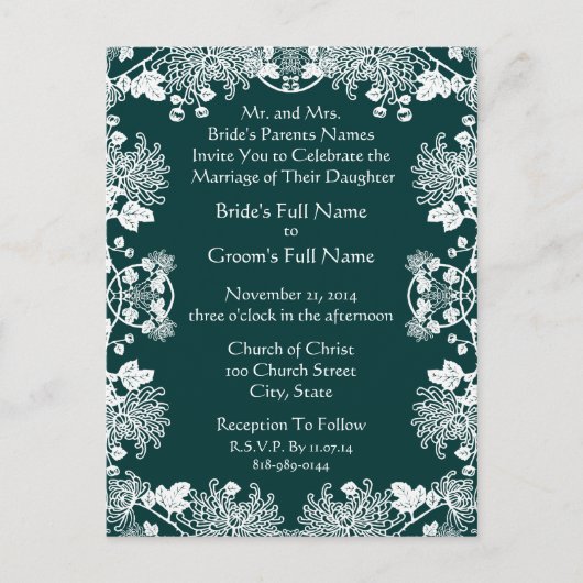 Huwelijksuitnodiging Wit op SeaBlue  Flower Uitnodiging Briefkaart (Voorkant)