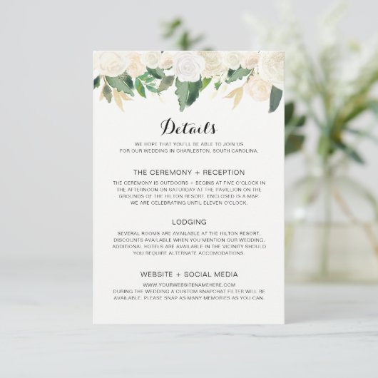 Huwelijksuitnodiging Witte Bloemen - Details Kaart (Staand voorkant)